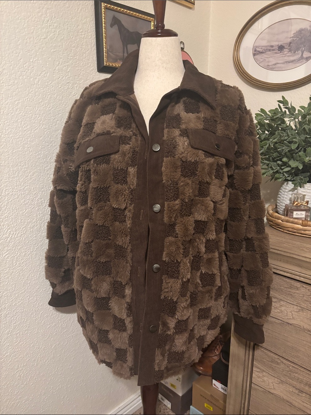 JOA Checkered Fuzzy Brown Jacket